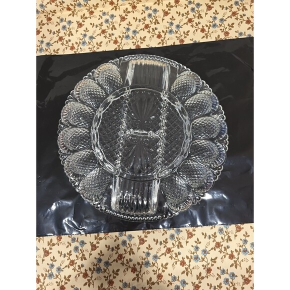 Vtg LE Smith Cut Glass Deviled Egg Plate Relish Platter Pineapple Round 10.5" - Picture 5 of 8